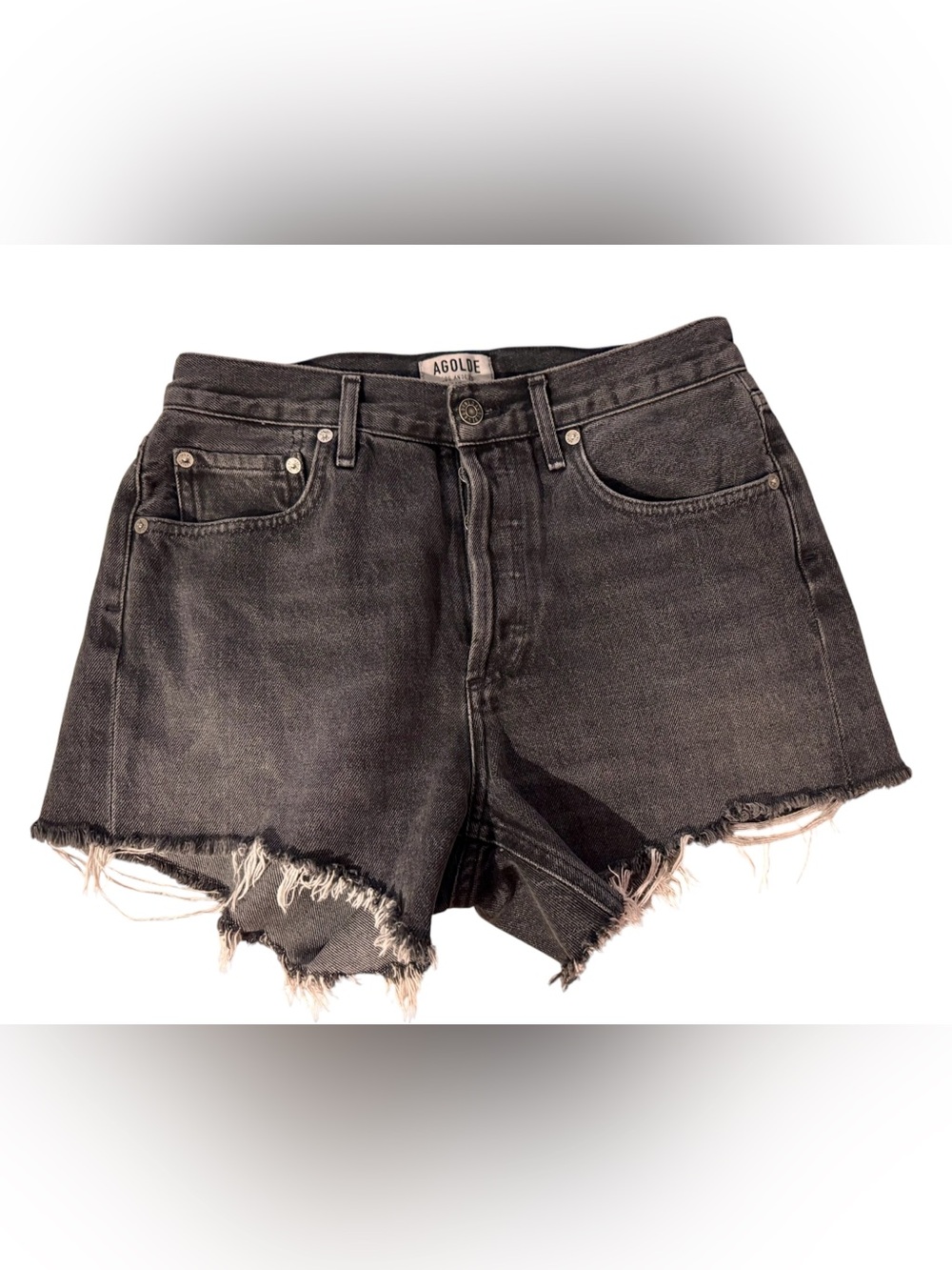AGOLDE Micah Helix Black Denim Cut Off Shorts Button Fly Raw Hem Distressed